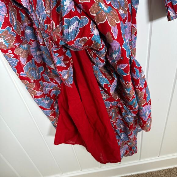 Caroline Constas Dress Large Red Floral Print Cotton Midi V Neck Smock Back - Picture 7 of 11